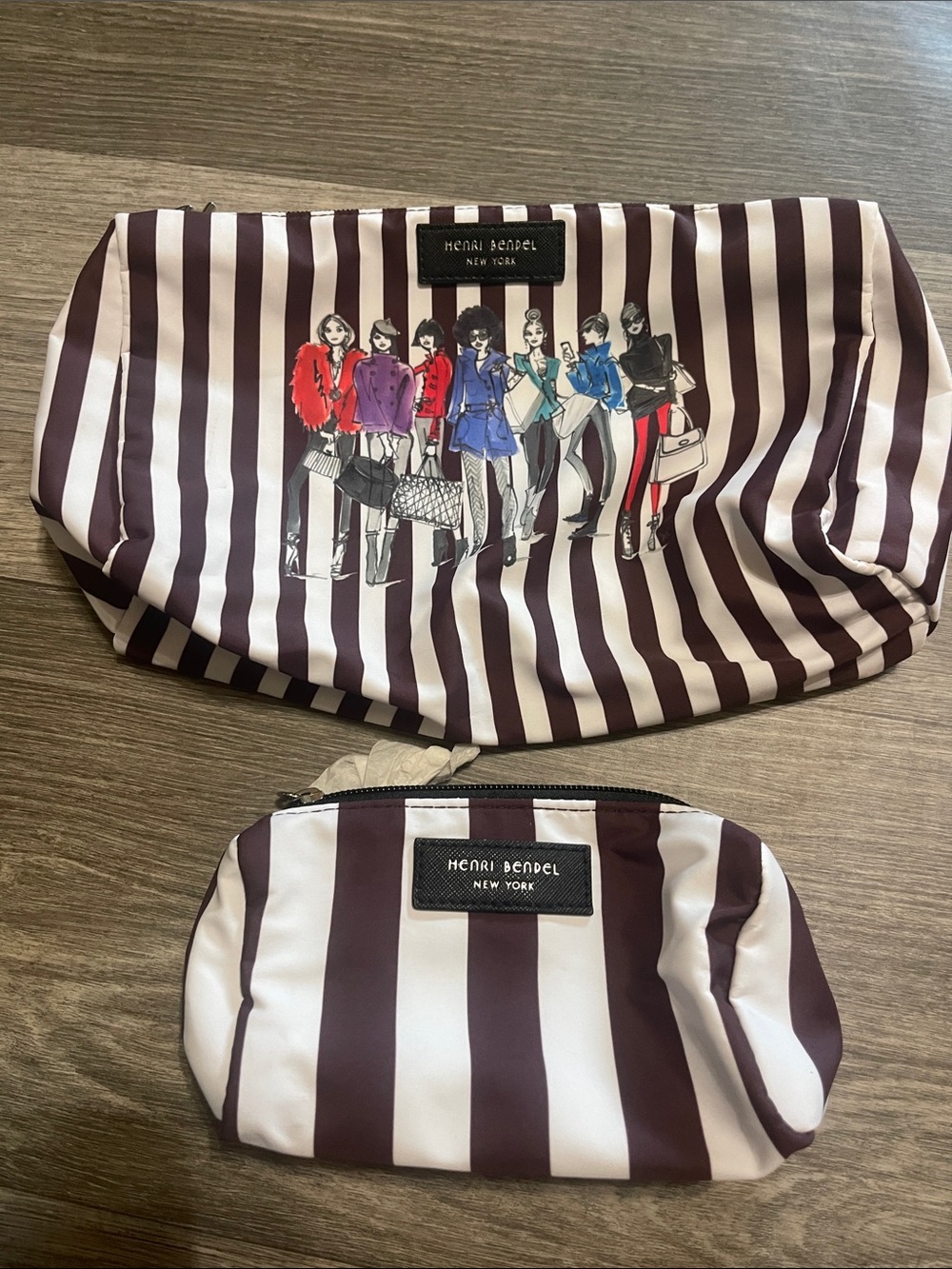 Henri Bendel Brown & White Striped Cosmetic Pouch Duo with Fashion Illustration